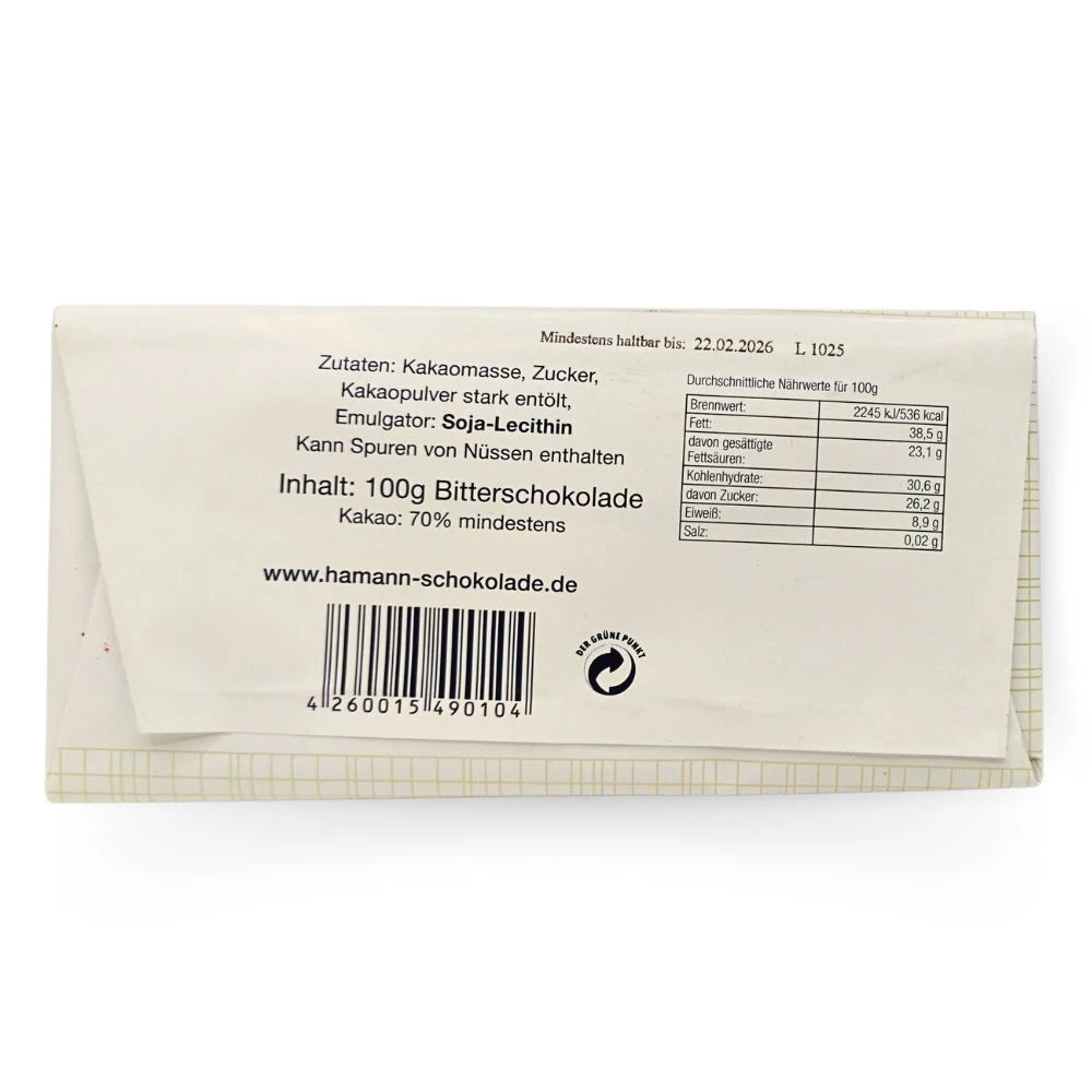 Rückseite der Erich Hamann Bitterschokolade 70 % – Zutatenliste, Nährwertangaben und Herstelleradresse aus Berlin-Wilmersdorf. Klassische Tafelschokolade in Manufakturqualität.