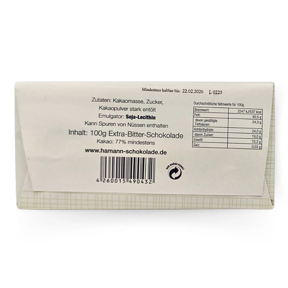 Rückseite der Erich Hamann Extra-Bitter Schokolade – Zutatenliste, Nährwerte und Herstelleradresse. Handgemachte Schokolade aus Berlin-Wilmersdorf mit 77 % Kakao.