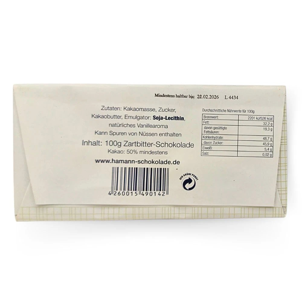 Rückseite der Erich Hamann Zartbitterschokolade 50 % – Zutaten, Nährwerte und Herkunft aus Berlin-Wilmersdorf. Handgeschöpfte Manufakturschokolade mit feinem Vanillearoma.