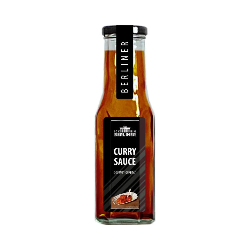 ICK BIN BERLINER Curry Sauce in 245 ml Glasflasche mit schwarzem Etikett. Feinschmecker-Currysauce in Gourmet-Qualität – hergestellt in Berlin.