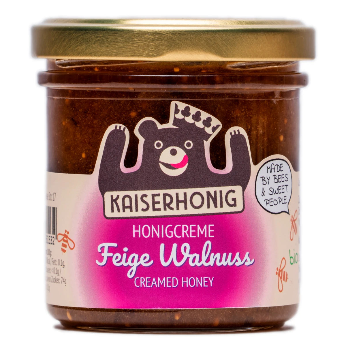 Honigglas mit goldfarbenem Deckel und violettem Etikett der Sorte „Feige Walnuss“ von Kaiserhonig, verziert mit dem bekannten Bärenlogo und dem Schriftzug „Honigcreme – Creamed Honey“.