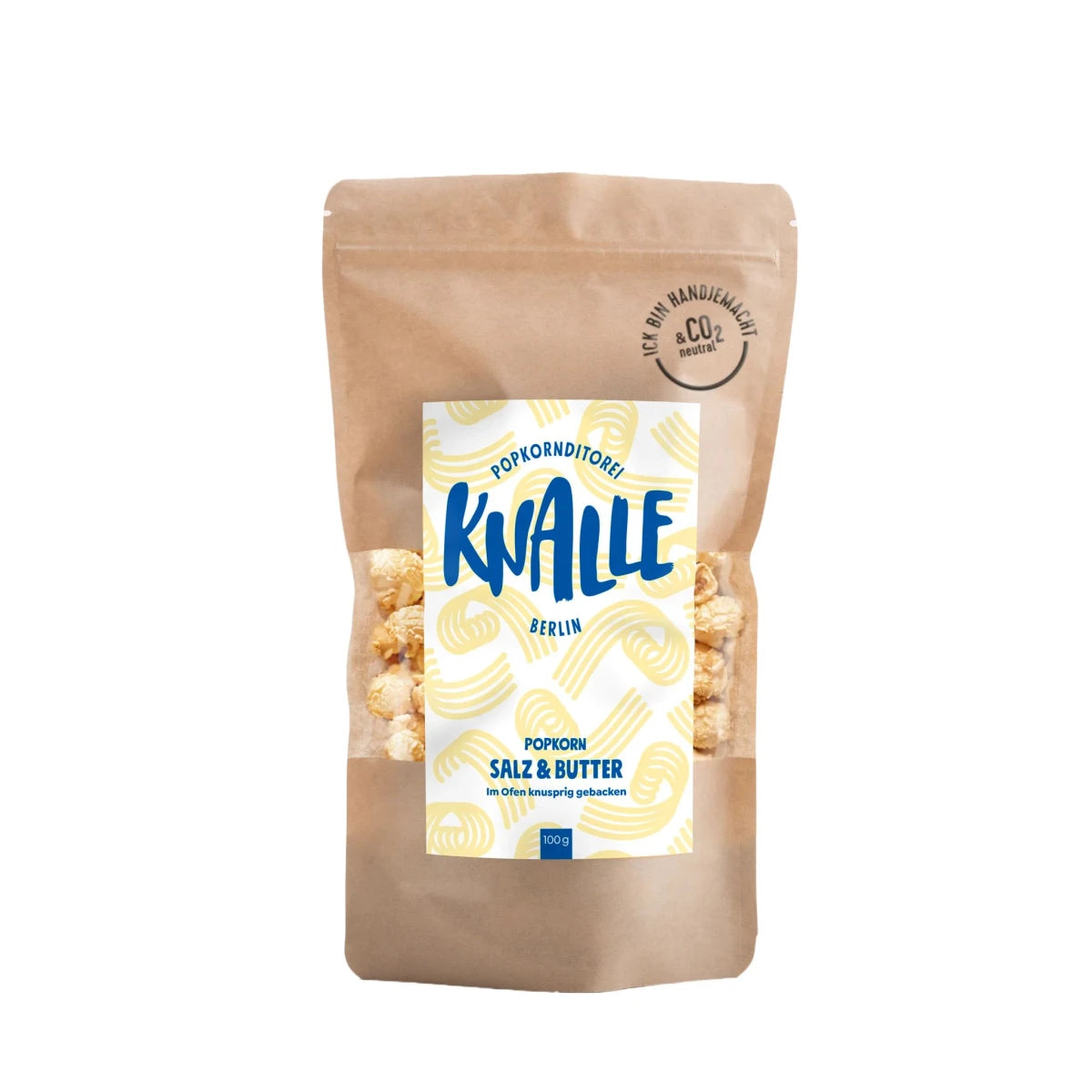 Knalle Popcorn Salz & Butter, 100 g im braunen Beutel mit weiß-gelbem Etikett. Handgemacht in Berlin, CO₂-neutral und klassisch im Geschmack.
