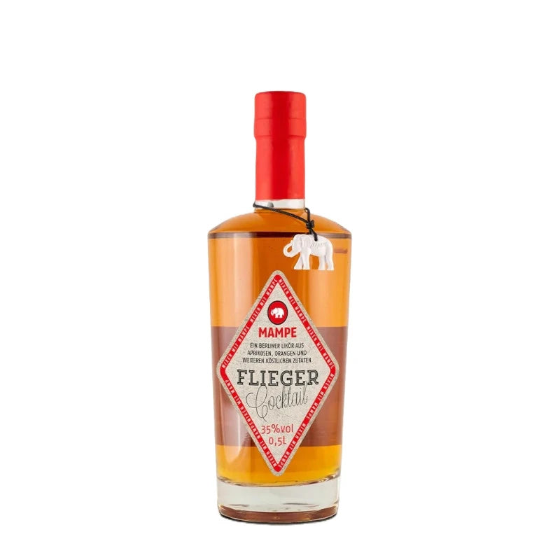 Flasche des Mampe Flieger Cocktails mit rotem Wachssiegel und Mampe-Elefant-Anhänger. Etikett mit rotem Rautendesign und Angaben: 35 % Vol, 0,5 l. Der Likör zeigt eine orange-bernsteinfarbene Färbung.