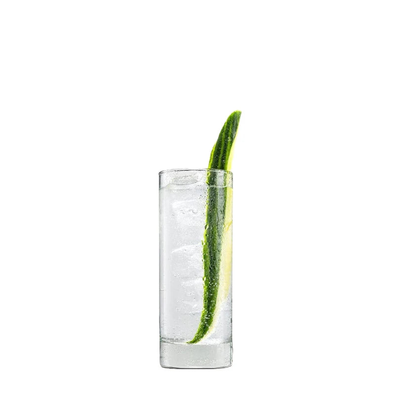 Erfrischender Gin & Tonic im Longdrinkglas mit Eiswürfeln, einer langen Gurkenscheibe und einer Zitronenzeste. Der Drink wirkt klar, prickelnd und sommerlich.