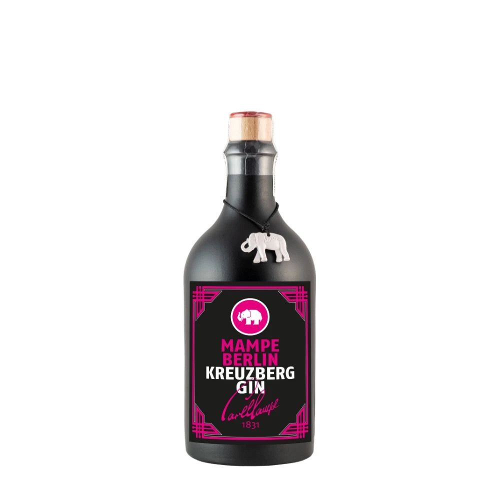 Mampe Berlin Kreuzberg 61 Gin – 0,5 l Flasche im schwarzen Art-Déco-Look mit pinkem Etikett und Elefantenanhänger, Berliner Manufaktur-Gin mit 43,5 % Vol.