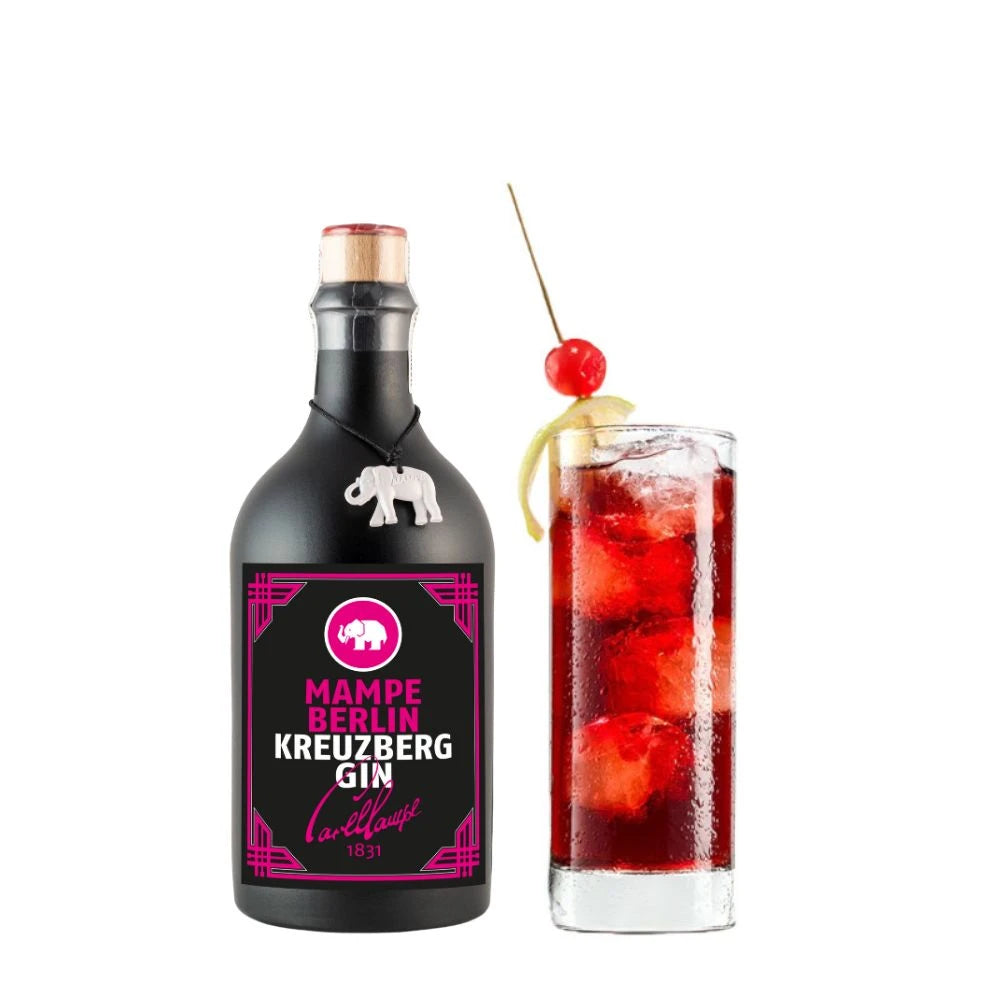 Mampe Kreuzberg 61 Gin mit leuchtend rotem Longdrink – stilvolle Berliner Gin-Kreation, perfekt für Cocktailbars mit urbanem Flair.