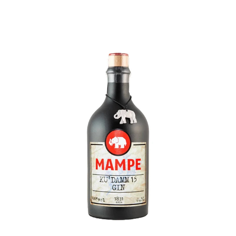 Mampe Ku'damm 15 Gin – 0,5 l Flasche im ikonischen schwarzen Design mit Mampe-Elefantenanhänger, Berliner Premium-Gin mit 44 % Vol. und Charakter.