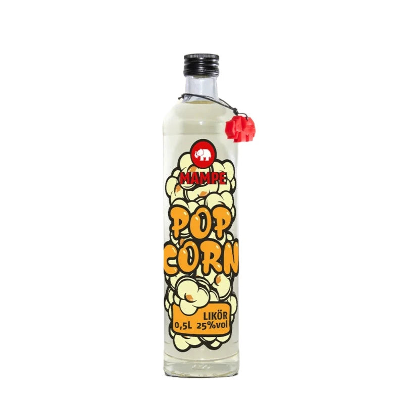Transparente Flasche Mampe Popcorn Likör mit verspieltem Popcorn-Design und orangem Schriftzug. Schwarzer Schraubverschluss und roter Elefantenanhänger betonen das auffällige Retro-Etikett.