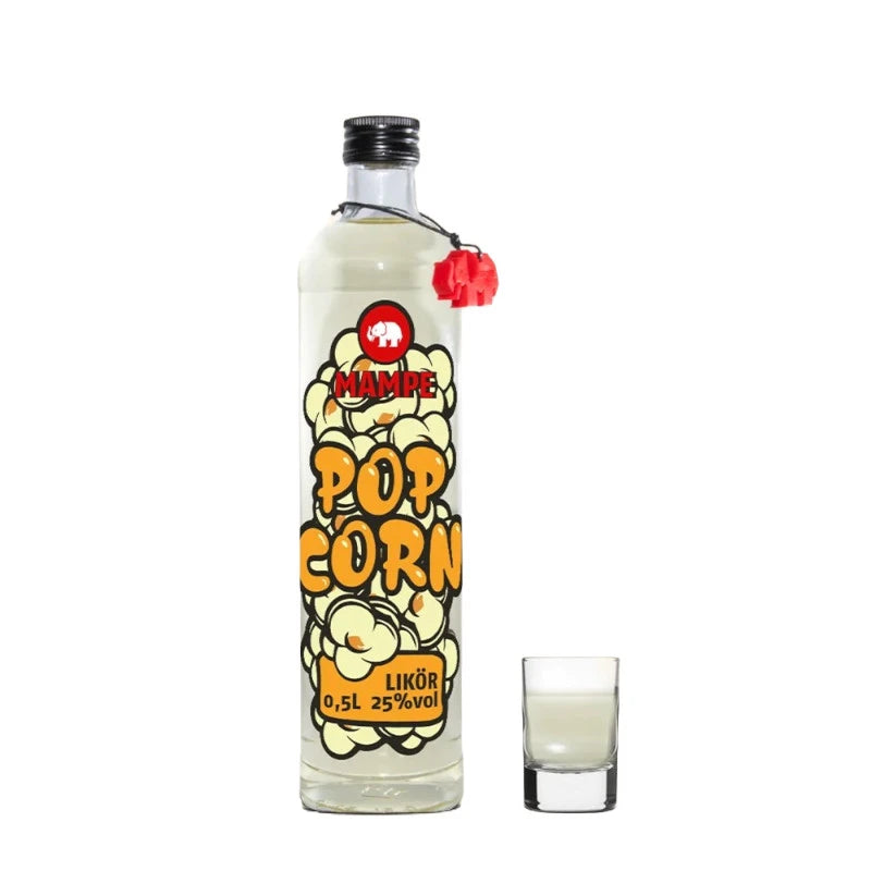 Mampe Popcorn Likör Flasche neben einem gefüllten Shotglas mit cremig-beiger Flüssigkeit. Das ikonische Popcorn-Design hebt den süß-aromatischen Charakter hervor.