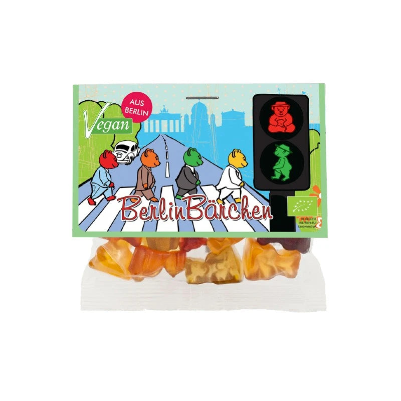 Mind Sweets Berlin Bärchen – vegane Fruchtgummis im 50 g Beutel mit Ampelmotiv und Berliner Bären im Zebrastreifen-Look. Bio, aus Berlin, mit Augenzwinkern gestaltet im Stil der Ampelmännchen.