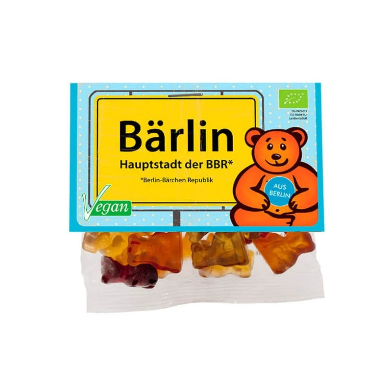 Mind Sweets Bärlin Fruchtgummis – 50 g Beutel mit veganen Bärchen und humorvollem Etikett: ‚Bärlin – Hauptstadt der BBR (Berlin-Bärchen Republik)‘. Bio-zertifiziert, hergestellt in Berlin.