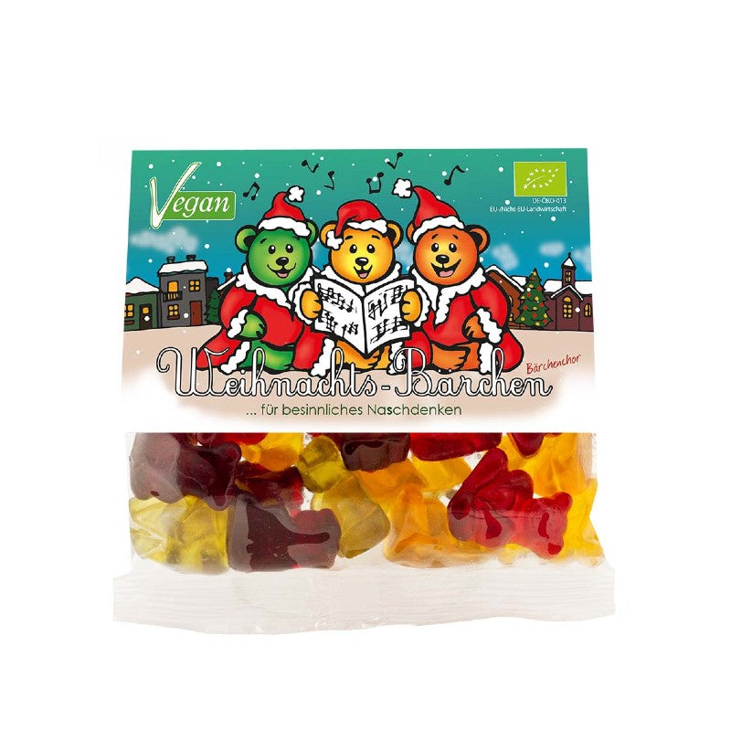 Mind Sweets Berlin Bärchen – vegane Bio-Fruchtgummis im 50 g Beutel mit winterlicher Illustration: drei Bären singen Weihnachtslieder vor dem Berliner Dom. Süßes Hauptstadt-Mitbringsel zur Adventszeit.