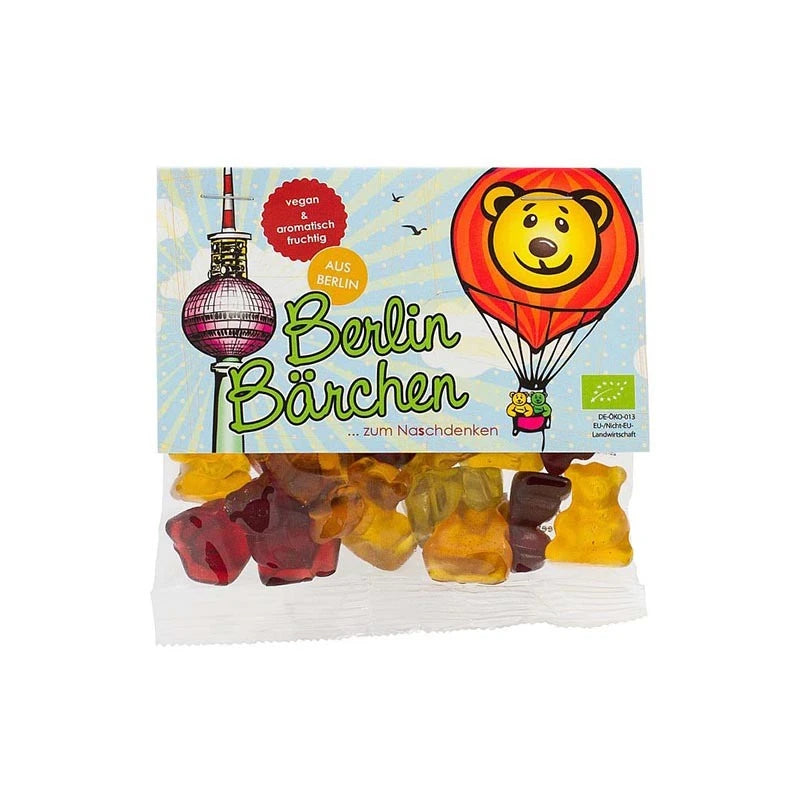 Mind Sweets Berlin Bärchen – vegane Fruchtgummis im 50 g Beutel mit Berliner Fernsehturm und Heißluftballon-Bärchen auf dem Etikett. Bio, fruchtig und hergestellt in Berlin – ein süßer Gruß aus der Hauptstadt.