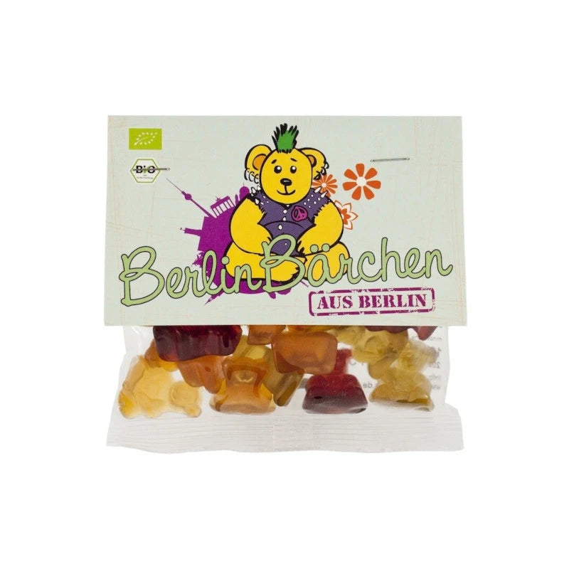 Mind Sweets Berlin Bärchen – vegane Fruchtgummis im 50 g Beutel mit Berliner Punk-Bär auf dem Etikett. Der Bär mit Irokese und Nietenweste steht vor stilisierter Skyline – Bio-Qualität aus Berlin mit Haltung.