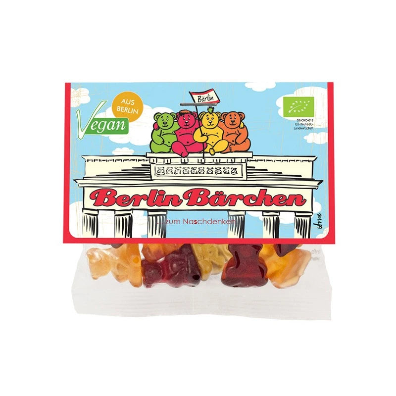 Mind Sweets Berlin Bärchen – vegane Fruchtgummis im 50 g Beutel mit bunter Illustration: vier Bären auf dem Brandenburger Tor. Bio-zertifiziert, hergestellt in Berlin – Naschspaß mit Hauptstadt-Charme.