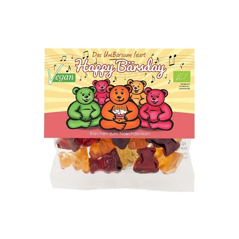 Mind Sweets Happy Bärsday – vegane Bio-Fruchtgummis im 50 g Beutel mit buntem Geburtstagsmotiv: Bären feiern mit Torte und Musik. Süßes Mitbringsel aus Berlin für besondere Anlässe.