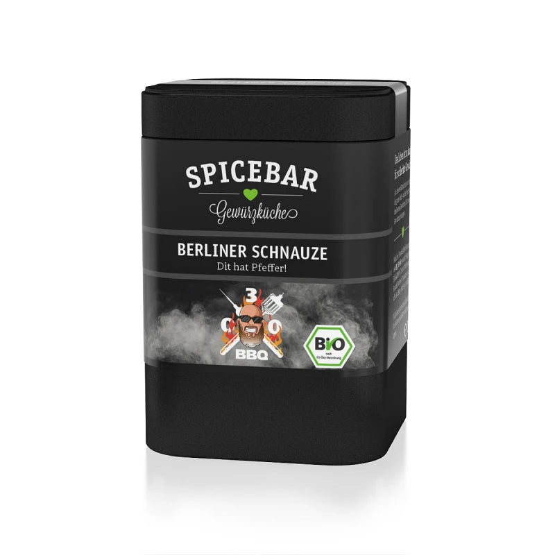 Schwarze Bio-Gewürzdose von Spicebar mit der Aufschrift „Berliner Schnauze – Dit hat Pfeffer!“, ideal für Grillfans und BBQ-Freunde.