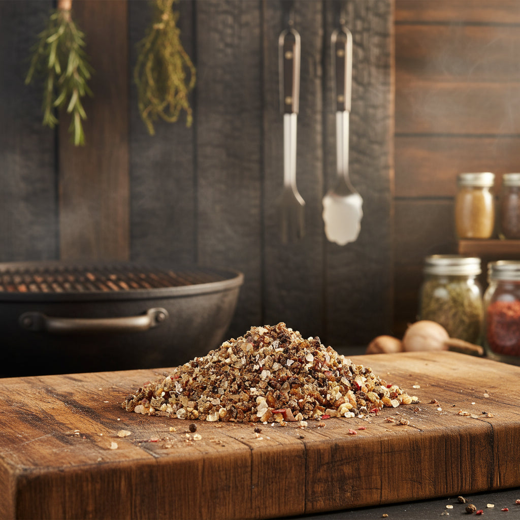 Grober Gewürzmix mit Pfeffer, Salz und Kräutern in grober Körnung – BBQ-Gewürz „Berliner Schnauze“ von Spicebar in Nahaufnahme.