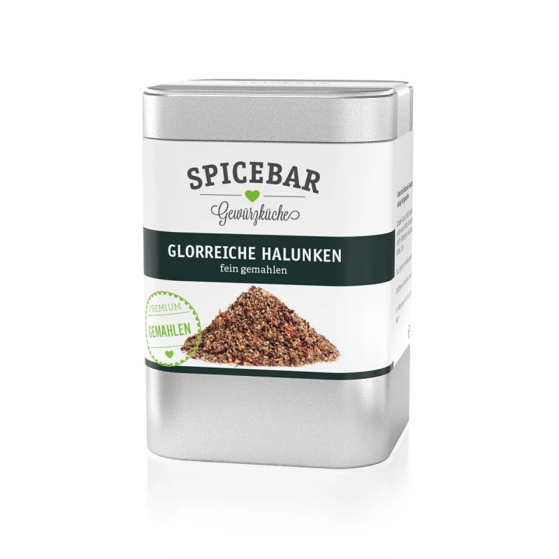 Metalldose mit dem Bio-Gewürz „Glorreiche Halunken“ von Spicebar, fein gemahlene Pfeffermischung mit schwarzem Etikett und Gewürzabbildung auf weißem Hintergrund.