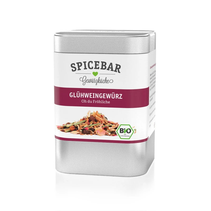 Metalldose mit Bio-Glühweingewürz von Spicebar – Edition „Oh du Fröhliche“, mit weihnachtlicher Gewürzmischung aus Zimt, Nelken und Rosenblüten, designed in Berlin.