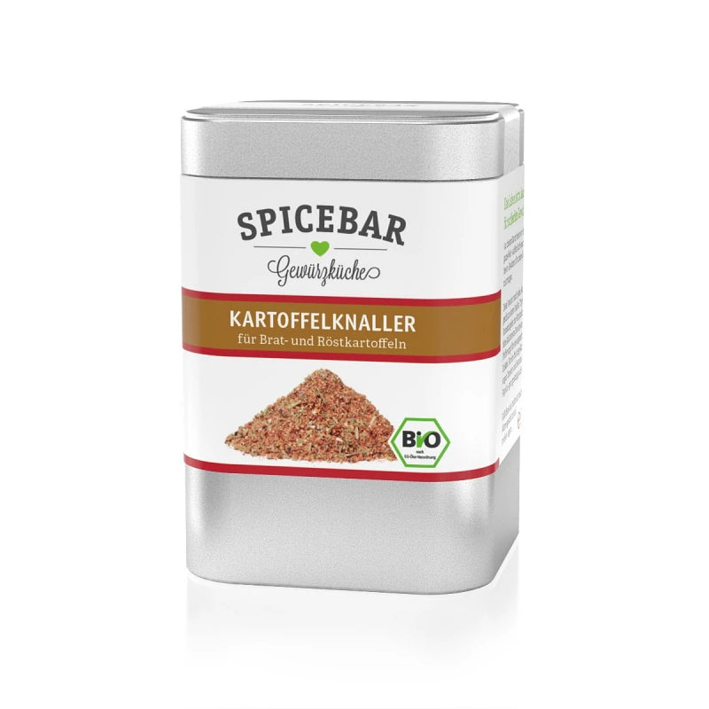 Vorderansicht der silbernen Spicebar-Gewürzdose mit rotem Etikett „Kartoffelknaller – für Brat- und Röstkartoffeln“, darunter eine Abbildung des roten Gewürzpulvers und ein Bio-Siegel.