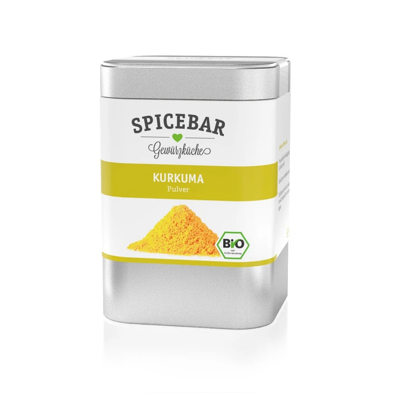 Spicebar Bio-Kurkuma Pulver in dekorativer Metall-Dose mit gelbem Etikett und Produktabbildung – aromatisch und hochwertig für die Gewürzküche.