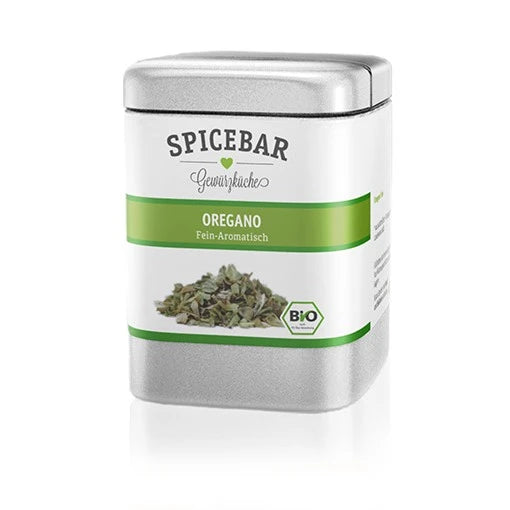 Dose mit Bio-Oregano von Spicebar, fein-aromatisch gerebelt, in typischer silberner Gewürzdose mit grünem Etikett.
