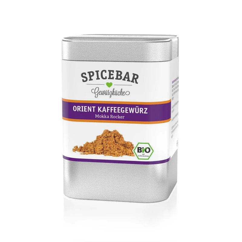 Silberne Gewürzdose von Spicebar mit violett-orangem Etikett, Aufschrift „Orient Kaffeegewürz – Mokka Rocker“ und Bio-Siegel, auf weißem Hintergrund.