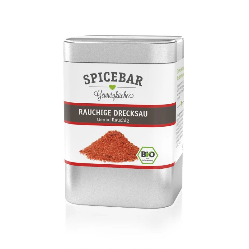 Metallische Gewürzdose der Marke Spicebar mit der Aufschrift „Rauchige Drecksau – Genial Rauchig“, darunter ein abgebildeter Gewürzhaufen, BIO-Siegel gut sichtbar auf weißem Hintergrund.