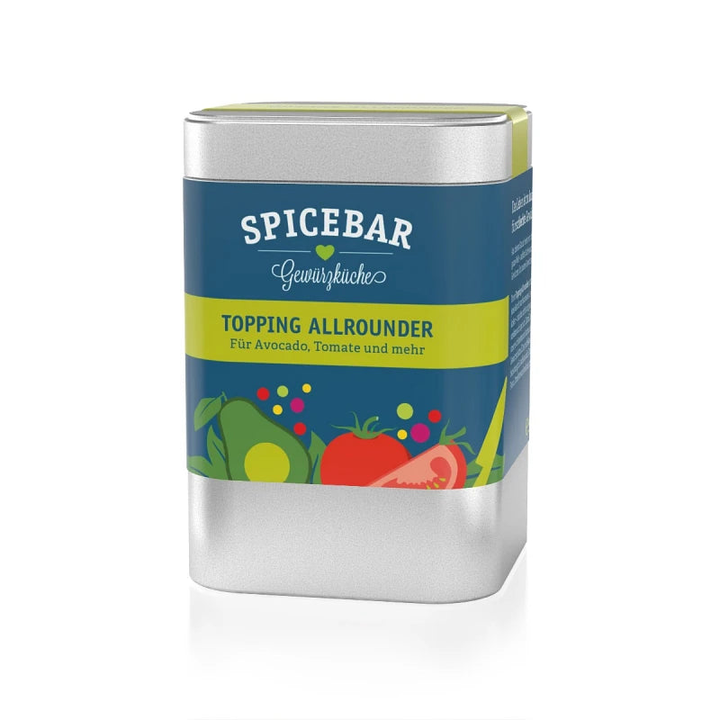 Bunte Metalldose mit dem Gewürz „Topping Allrounder“ von Spicebar, ideal für Avocado, Tomate und mehr – modernes Etikett mit Gemüseillustrationen auf blau-grünem Hintergrund.