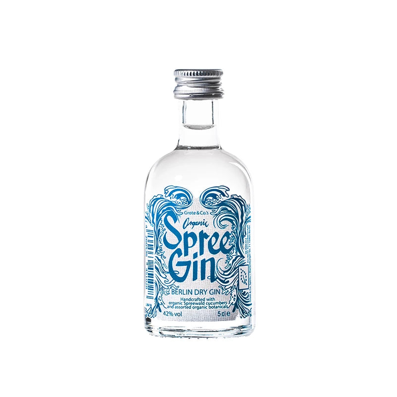 Spree Gin Berlin Dry Gin – Miniaturflasche mit 5 cl, handgefertigt in Berlin mit Bio-Spreewaldgurke und Botanicals, hochwertiger Craft-Gin für Probierpakete und Geschenksets.