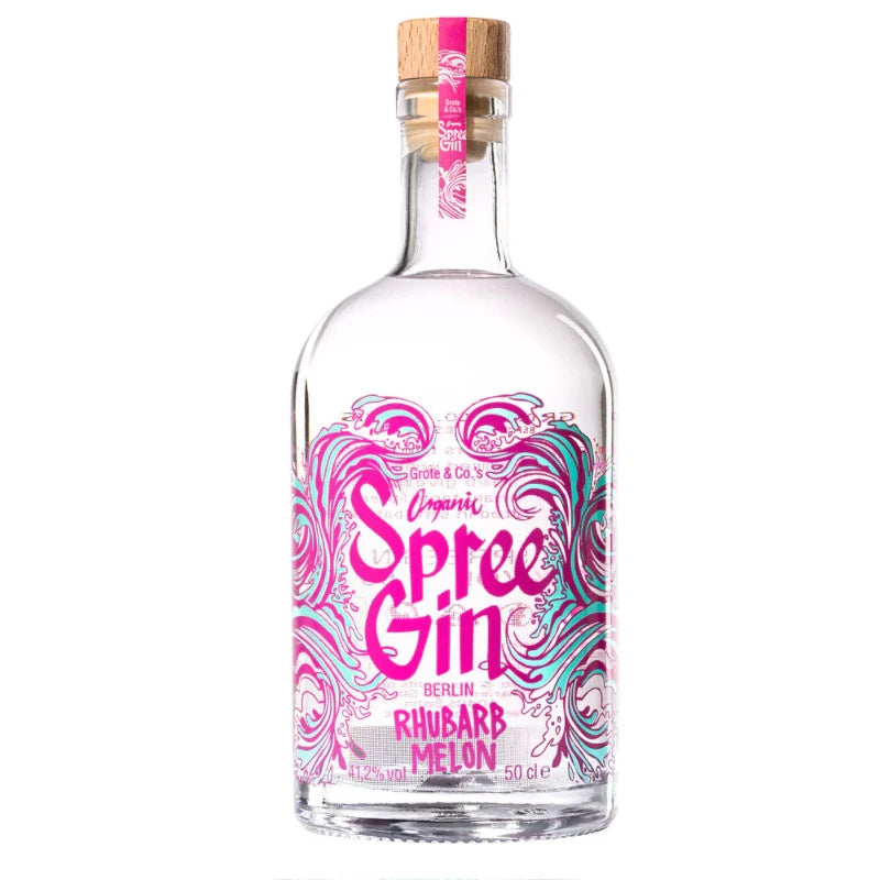 Spree Gin Rhubarb Melon – die 500ml-Flasche mit kunstvollem Etikett in Pink und Mint, Berliner Bio-Gin mit Rhabarber- und Melonennote, ideal für kreative Barkonzepte.