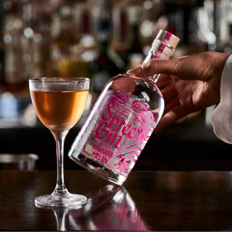 Einzelhand hält Spree Gin Rhubarb Melon stilvoll vor aufgeschnittener Wassermelone – fruchtige Berliner Manufakturspirituose für Hotels, Bars und Genießer.