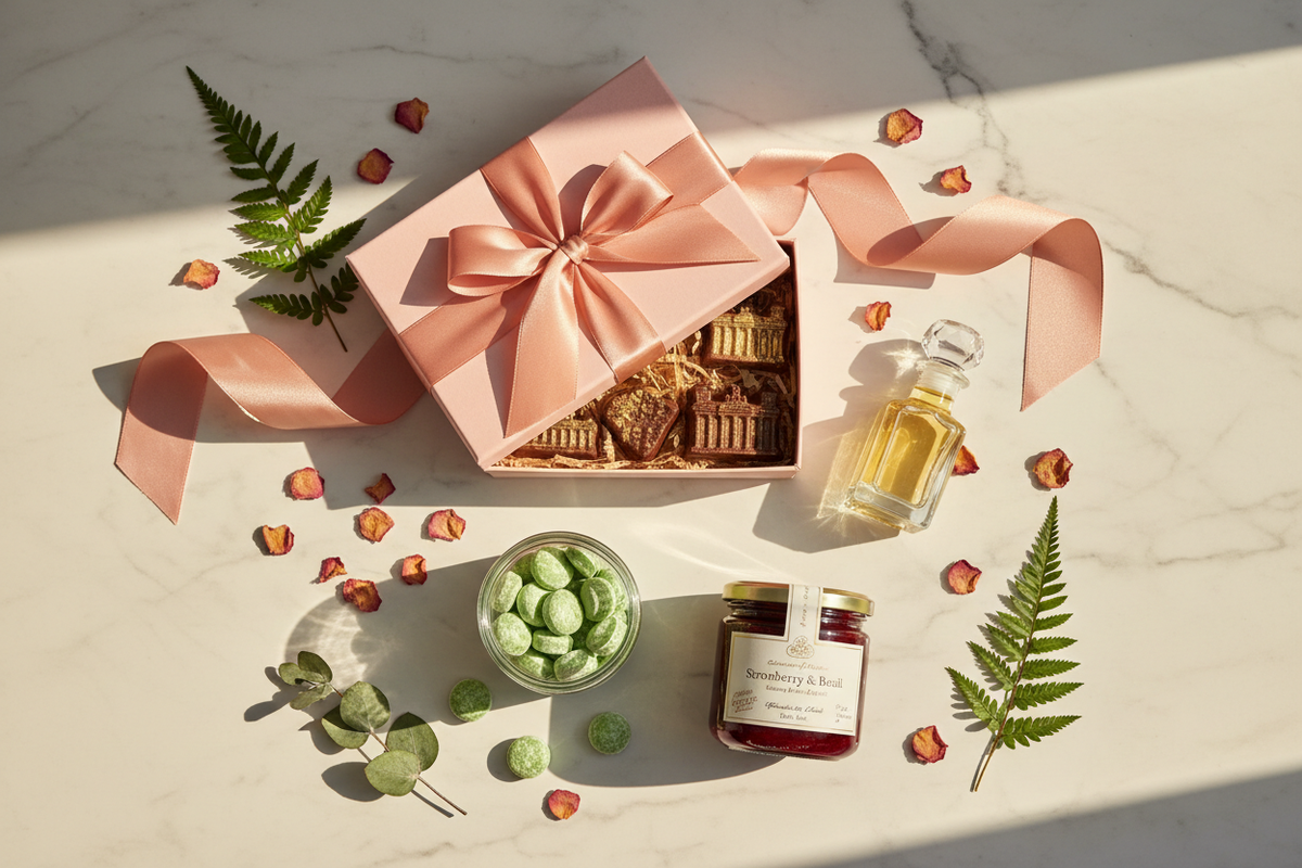 Berliner Geschenkset fuer Frauen Flatlay – Pralinenschachtel, Likoer, Waldmeister-Bonbons, Konfituere und Blumendeko auf hellem Marmor