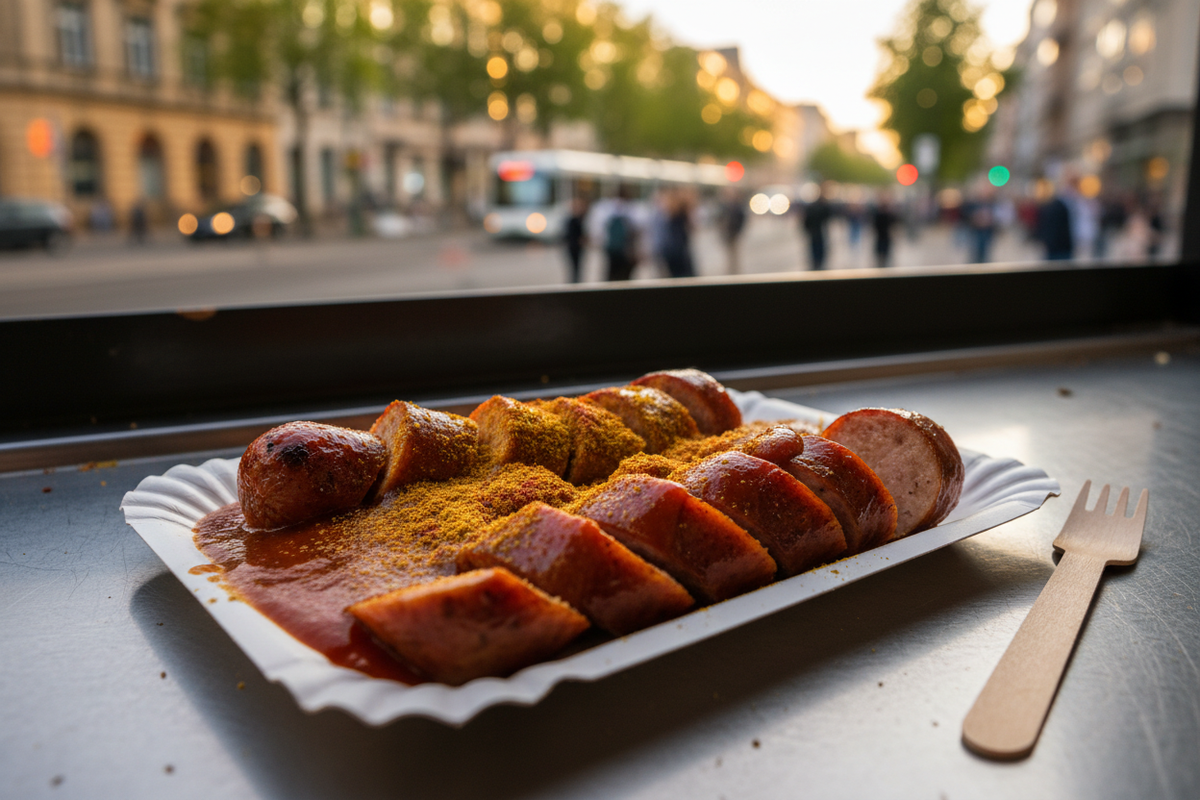 Berliner Currywurst am Imbiss – geschnittene Bratwurst mit Currysauce und Currypulver auf Pappteller vor Berliner Stadtkulisse