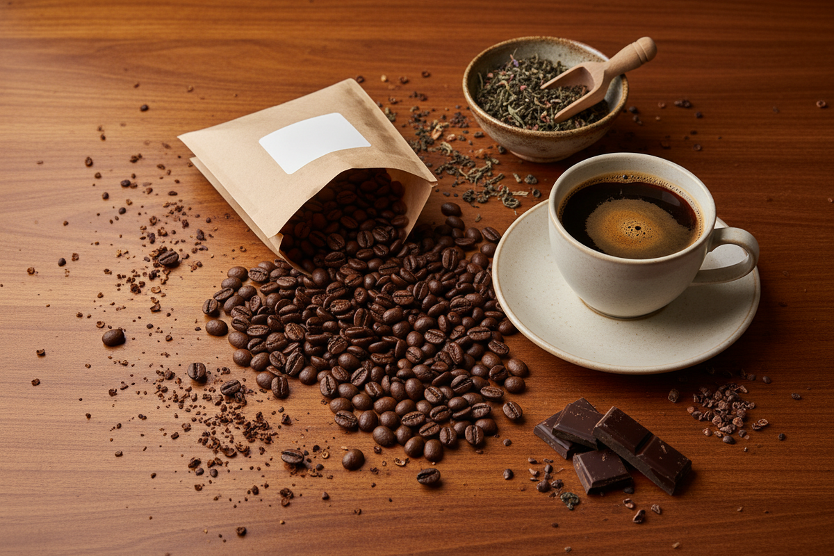 Berliner Kaffeeroesterei Flatlay – frisch geroestete Kaffeebohnen, Espressotasse, loser Tee und dunkle Schokolade auf warmem Holz