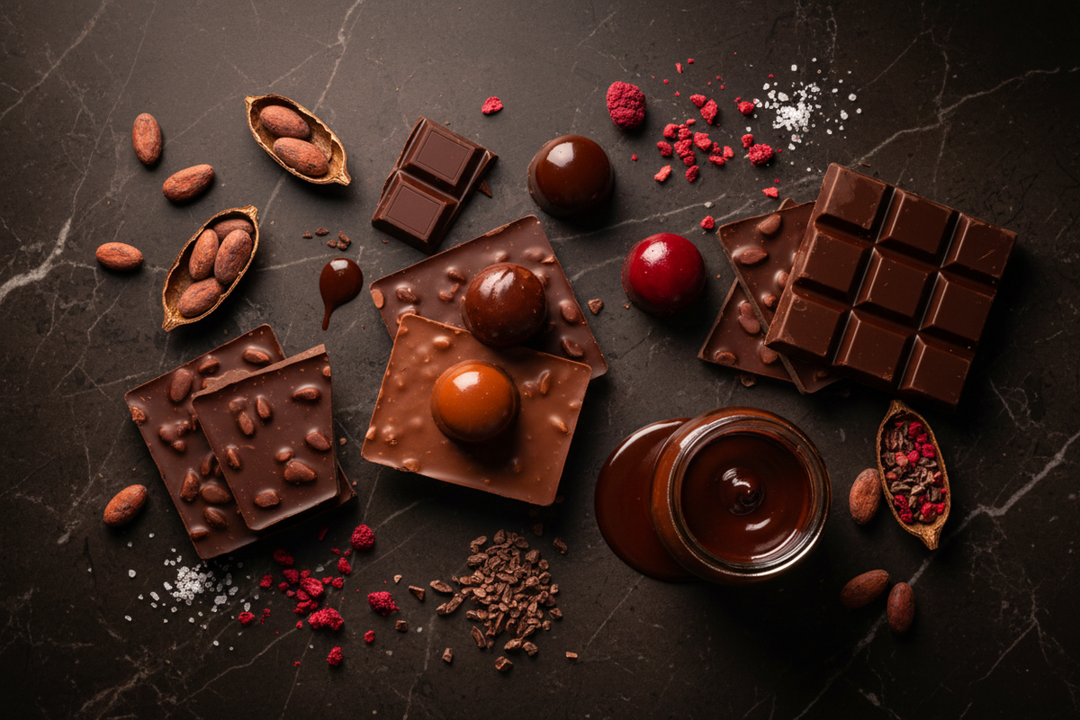 Berliner Schokolade Manufaktur Flatlay – Schokoladentafeln, Pralinen, Kakaobohnen, Himbeeren und Meersalz auf dunklem Marmor