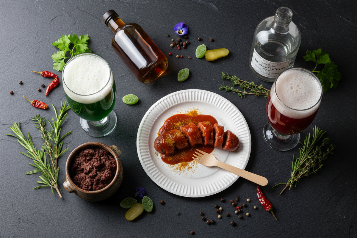 Berliner Spezialitaeten Flatlay – Currywurst, Berliner Weisse, Blutwurst, Waldmeister-Bonbons und Berliner Spirituosen auf dunklem Schiefer