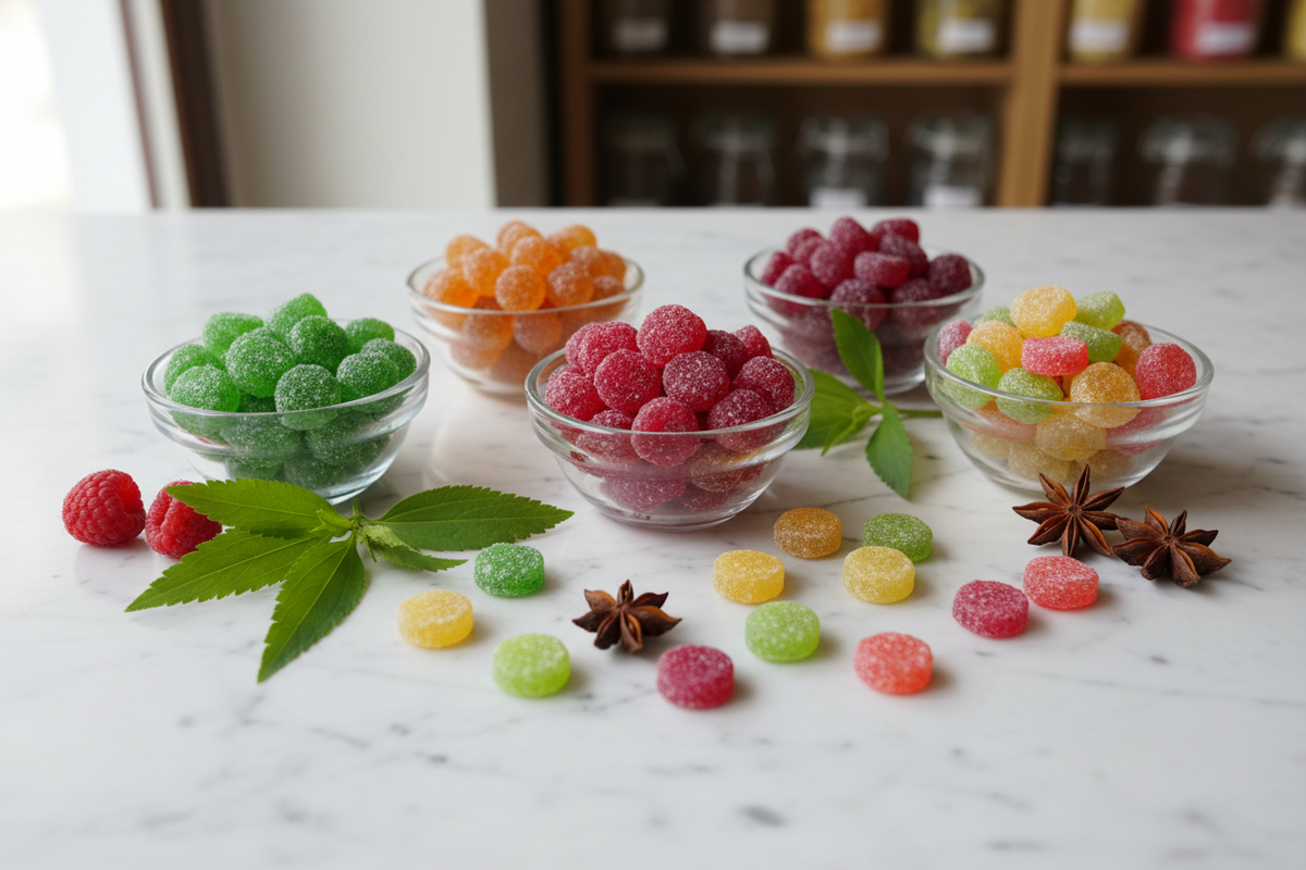 Berliner Traditionsbonbons Flatlay – Waldmeister, Himbeere, Gluehwein und Saure Mischung in Glasschalen auf weissem Marmor