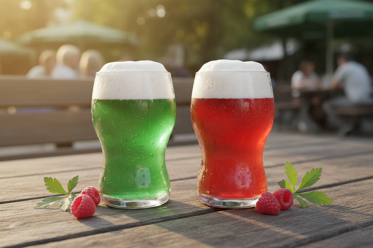 Berliner Weisse Bierspezialitaet – zwei Glaeser mit gruener Waldmeister- und roter Himbeersosse auf Holztisch im Biergarten