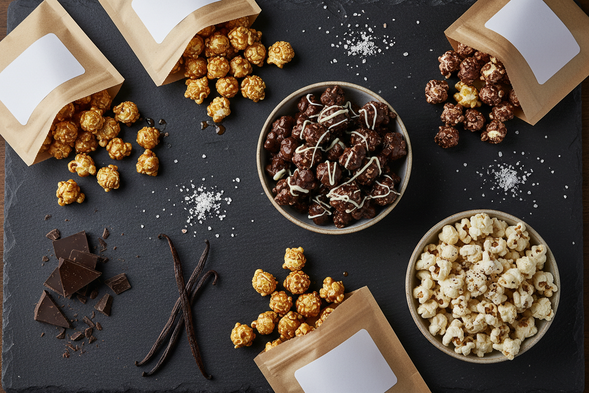 Knalle Berlin Gourmet-Popcorn Flatlay – Karamell-, Schokoladen- und Trueffel-Popcorn in Kraftpapiertueten auf dunklem Schiefer