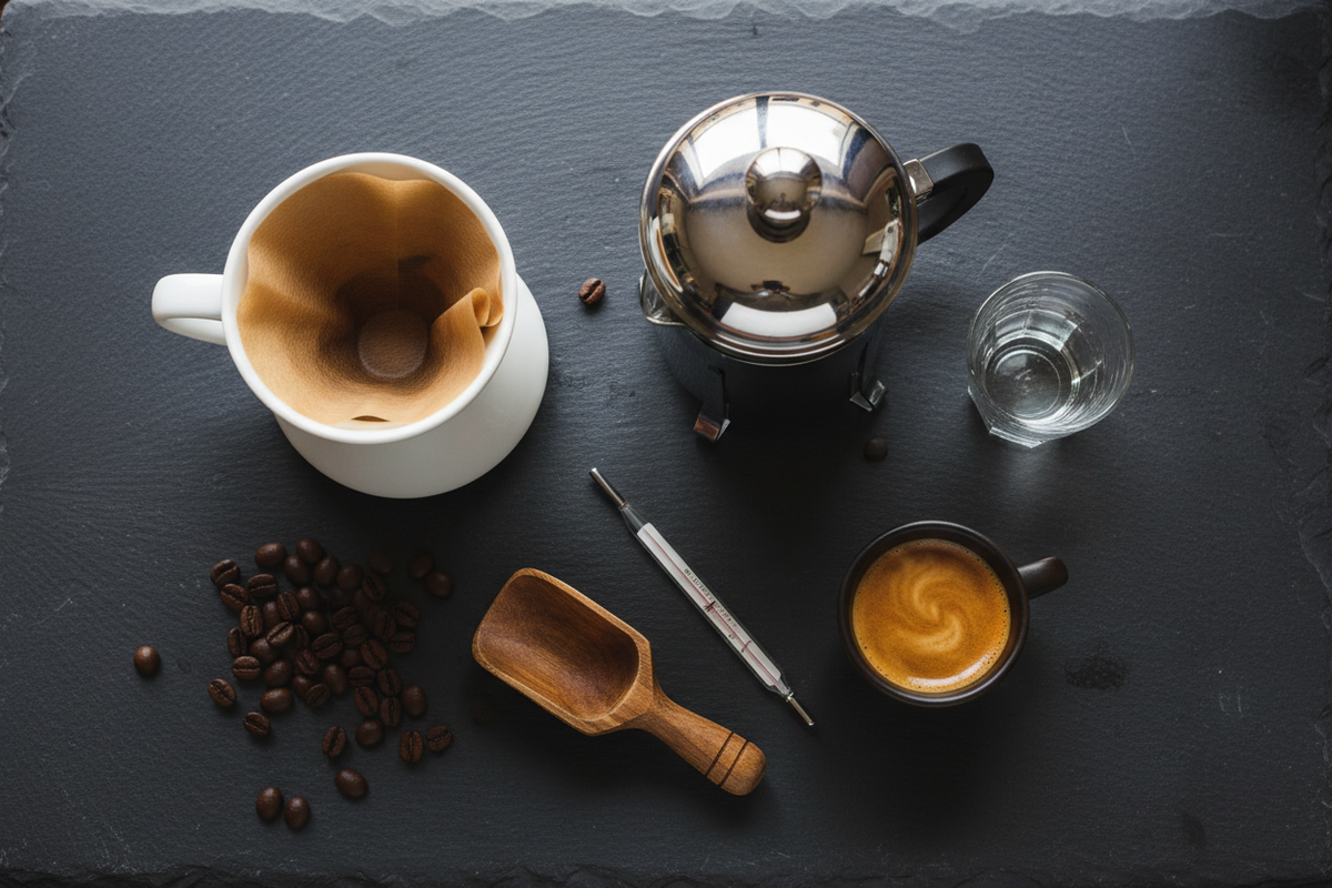 Kaffeezubereitung Flatlay – French Press, Pour-Over, Espressotasse, Kaffeebohnen und Holzloeffel auf dunklem Schiefer