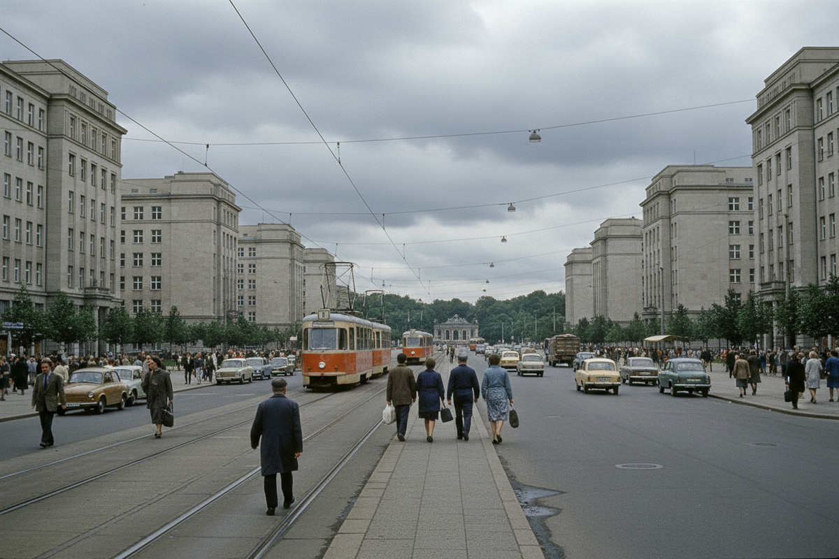Friedrichshain DDR – Karl-Marx-Allee, Plattenbau und Strassenbahn in Ost-Berlin in den 1970er Jahren