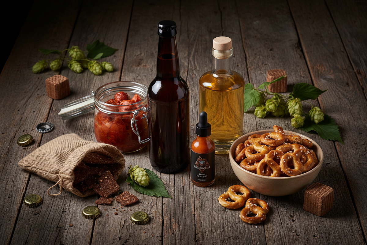 Berliner Geschenkset fuer Maenner Flatlay – Craft Bier, Berliner Gin, Currywurst im Glas, Hot Sauce und Snacks auf dunklem Holz