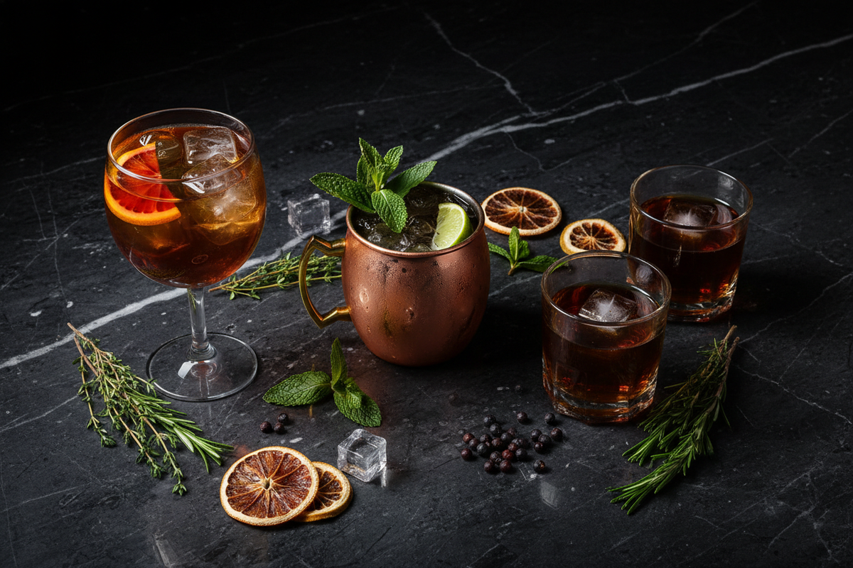 Grote & Co. Likoer Cocktails Flatlay – Bitterlikoer-Tonic mit Orange und PIJOEKEL Mule mit Minze auf dunklem Marmor