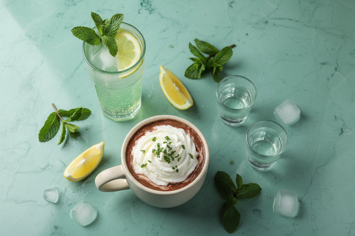Schilkin Berliner Luft Cocktails Flatlay – Berliner Luft Soda mit Minze und Zitrone sowie heisser Kakao mit Sahne auf mintgruenem Marmor