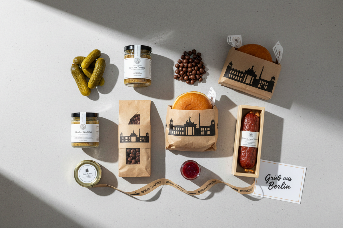 Berliner Spezialitäten-Geschenkbox für Berlin-Fans mit Skyline-Verpackung auf Beton – Berliner Manufakturen