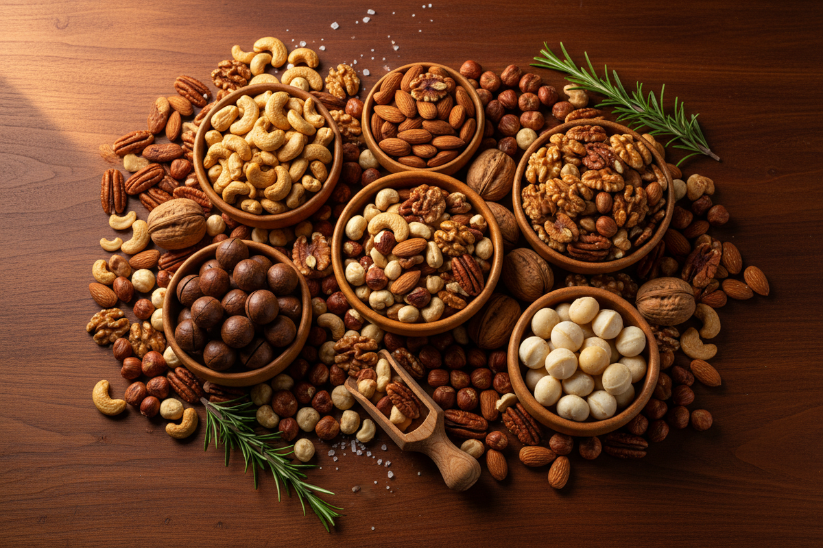 Nussmischungen Flatlay – geroestete Cashews, Mandeln, Walnuesse, Haselnuesse und Macadamia in Holzschalen auf dunklem Holz