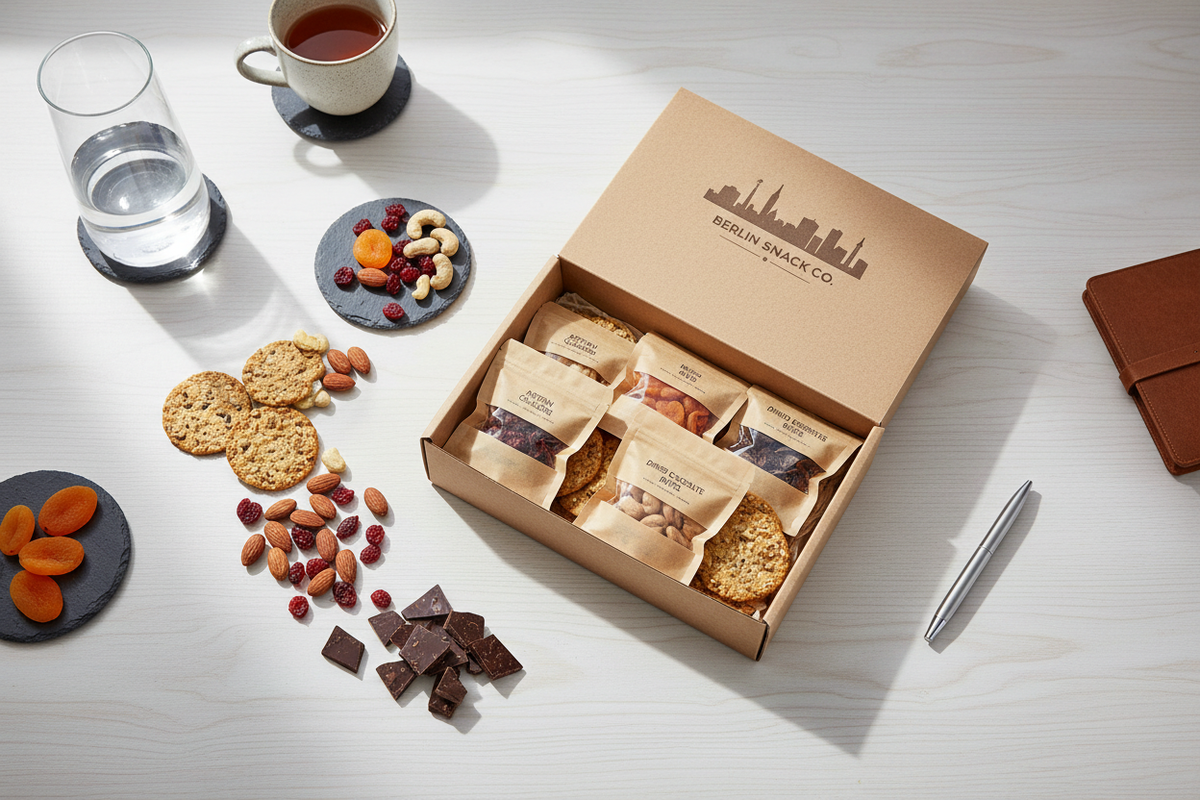 Premium Office-Snackbox mit handverlesenen Snacks auf einem Holzschreibtisch – Berliner Manufakturen