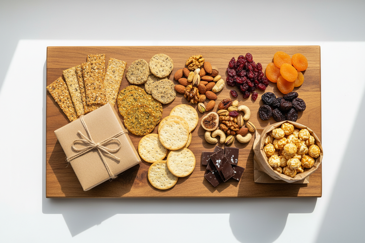 Premium-Snackbox mit handverlesenen Leckereien auf Holzoberfläche – Berliner Manufakturen